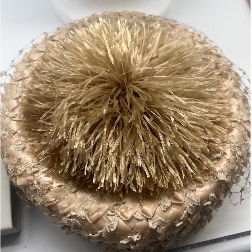 Vintage Cellophane Straw Jean Sutton Pill box Hat Spiky poof on‎ top READ